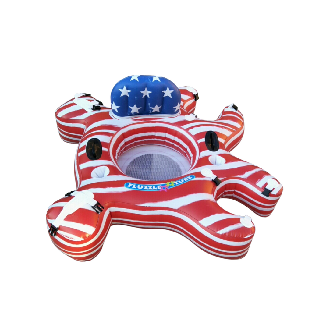 American Flag Fluzzle Tubes puzzle shaped inflatable and interlocking river, lake or pool tube with inflatable back rest, mesh bottom, expandable cup holders, 2 durable handles. 12 nylon connectors. Star and Stripes.  4th of July. Memorial Day.
