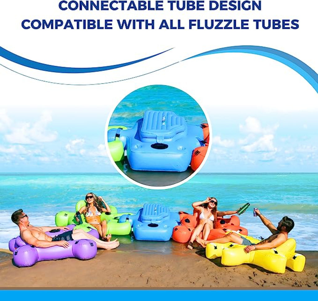 Interlocking puzzle shaped floating cooler.  Friends floating on Fluzzle Tubes connected to floating cooler.