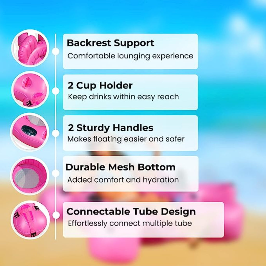 Pink Fluzzle Tube puzzle shaped inflatable and interlocking river, lake or pool tube with inflatable back rest, mesh bottom, expandable cup holders, 2 durable handles. 12 nylon connectors.