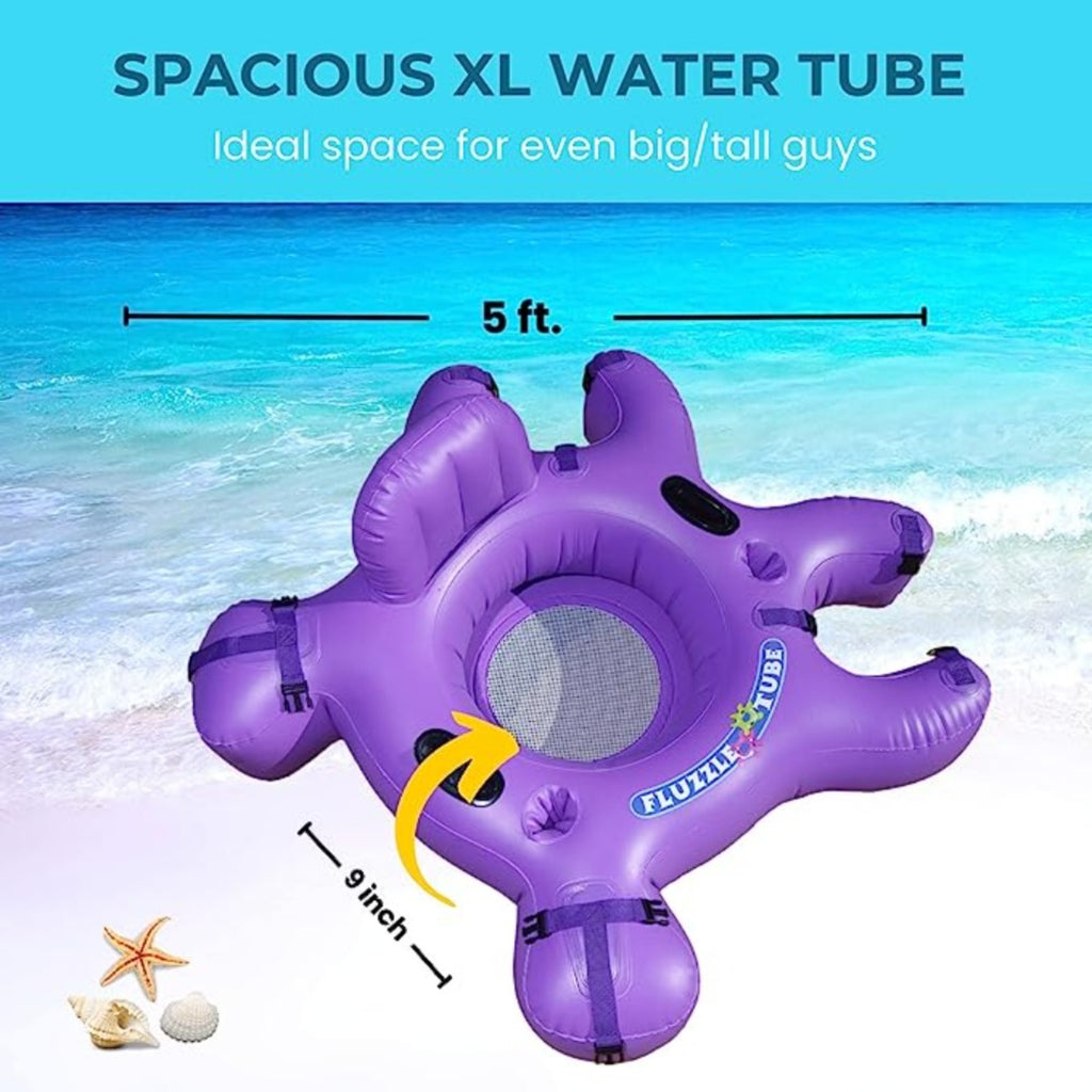 Purple Fluzzle Tubes puzzle shaped inflatable and interlocking river, lake or pool tube with inflatable back rest, mesh bottom, expandable cup holders, 2 durable handles. 12 nylon connectors.