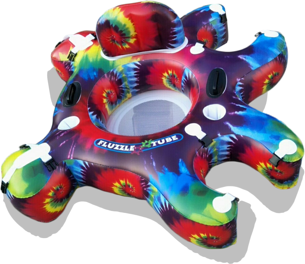 Tie Dye Fluzzle Tube puzzle shaped inflatable and interlocking river, lake or pool tube with inflatable back rest, mesh bottom, expandable cup holders, 2 durable handles. 12 nylon connectors.