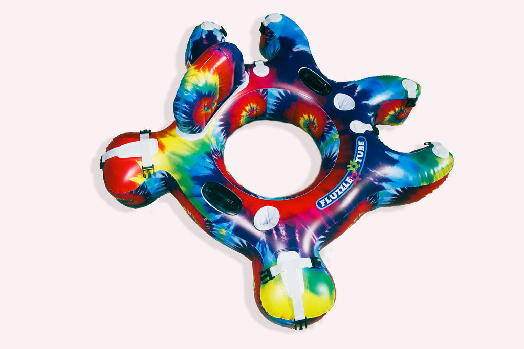 Tie Dye Open Center Fluzzle Tube puzzle shaped inflatable and interlocking river, lake or pool tube with inflatable back rest,  expandable cup holders, 2 durable handles. 12 nylon connectors.