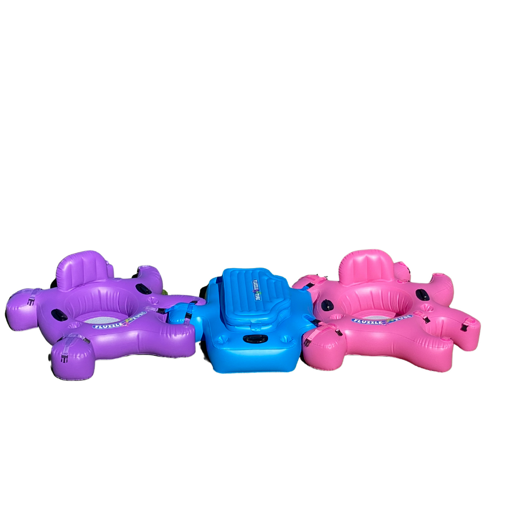 Purple and Pink Fluzzle Tubes with interlocking floating cooler.  Easy to use and no ropes to stay connected on the water.  Keeps drinks cold while you float.  Fluzzle Tube Buddy Bundle with  floating cooler. Expandable cup holders. Inflatable back rests and mesh bottoms. 