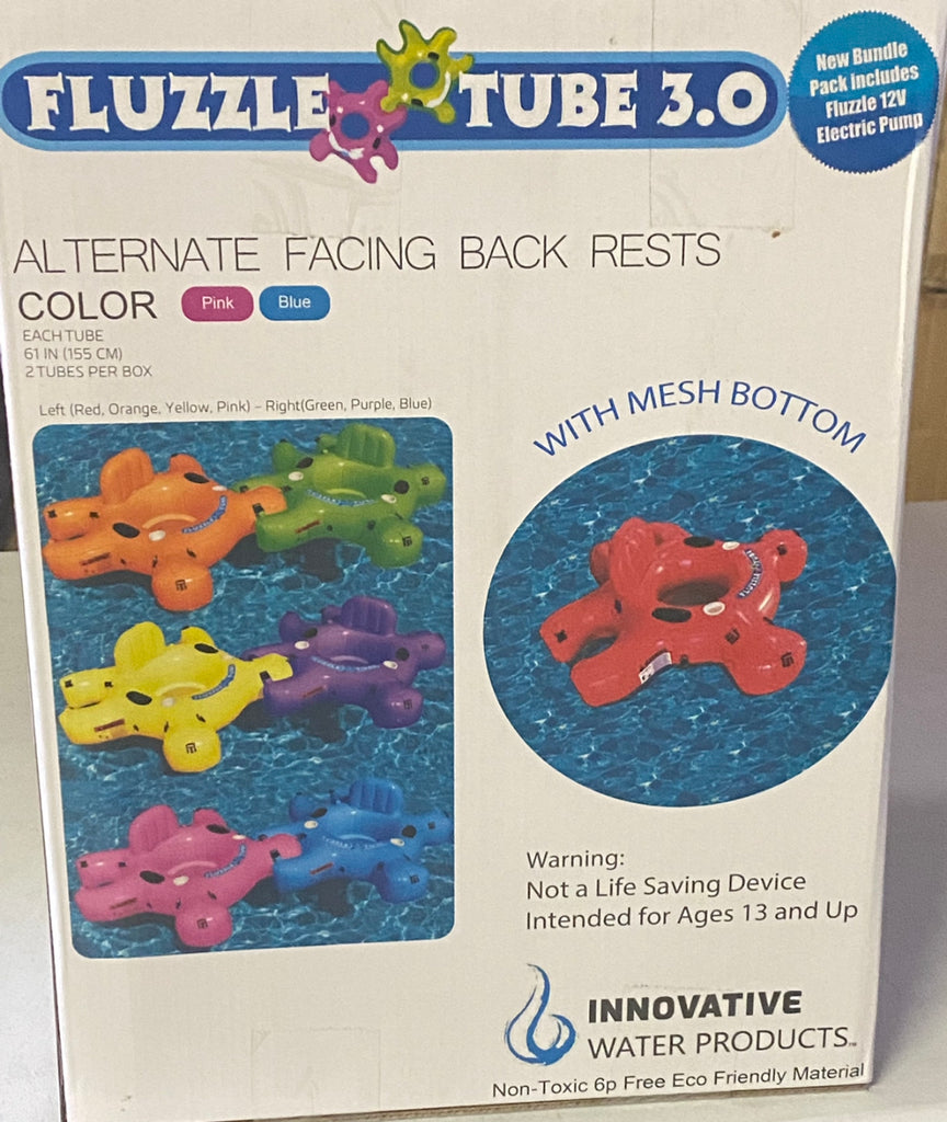 Fluzzle Tube 3.0 bundle value pack with 2 OG inflatable float tubes and 12V electric air pump.  Mesh bottom and inflatable back rest.  Hard cup holders and vinyl connectors.  Pink and Blue Fluzzle Tubes.