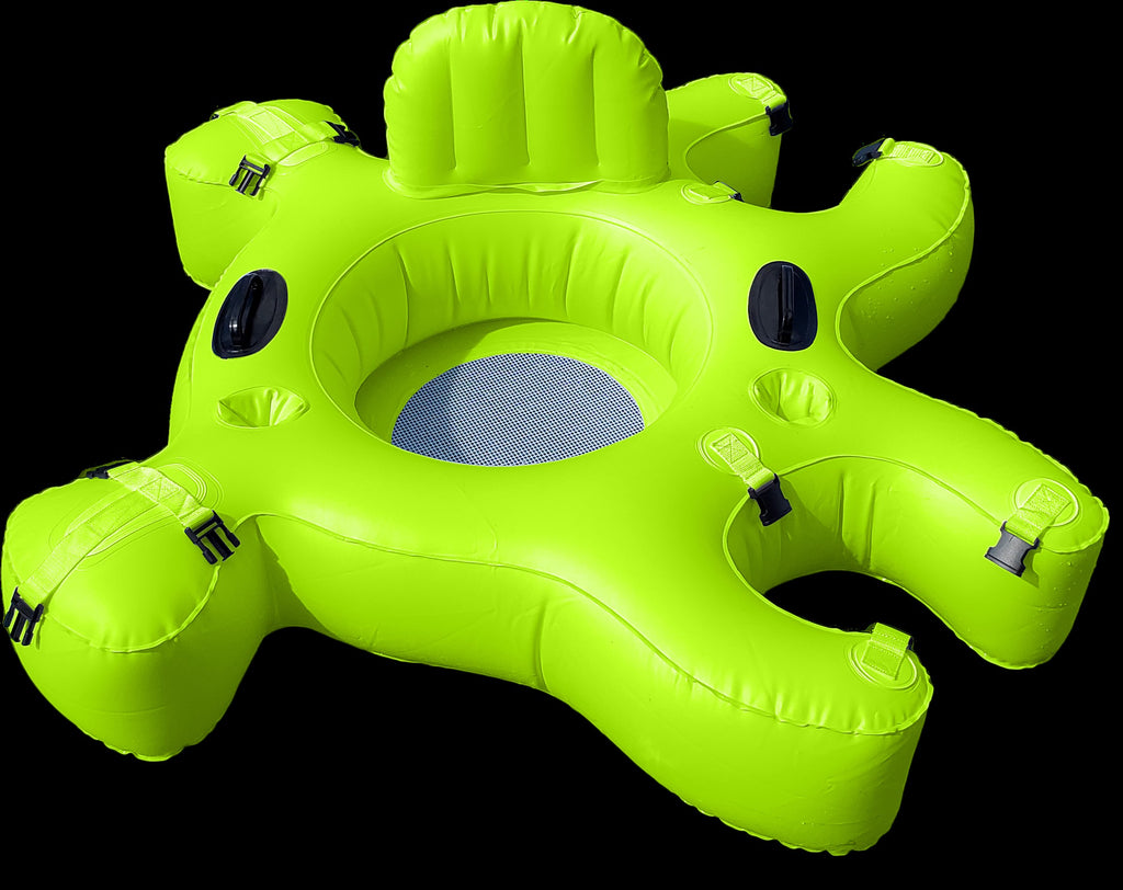 Green Fluzzle Tube 3.0 puzzle shaped float tube for lakes, rivers and pools.  Mesh bottom, inflatable back rest, expandable cup holders and nylon connectors.