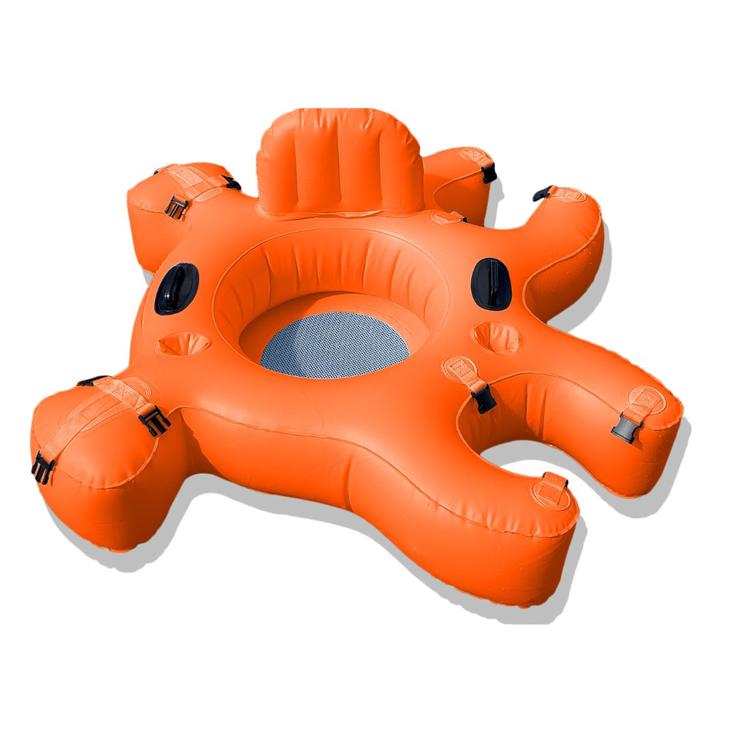 Orange Fluzzle Tube 3.0 puzzle shaped float tube for lakes, rivers and pools.  Mesh bottom, inflatable back rest, expandable cup holders and nylon connectors.