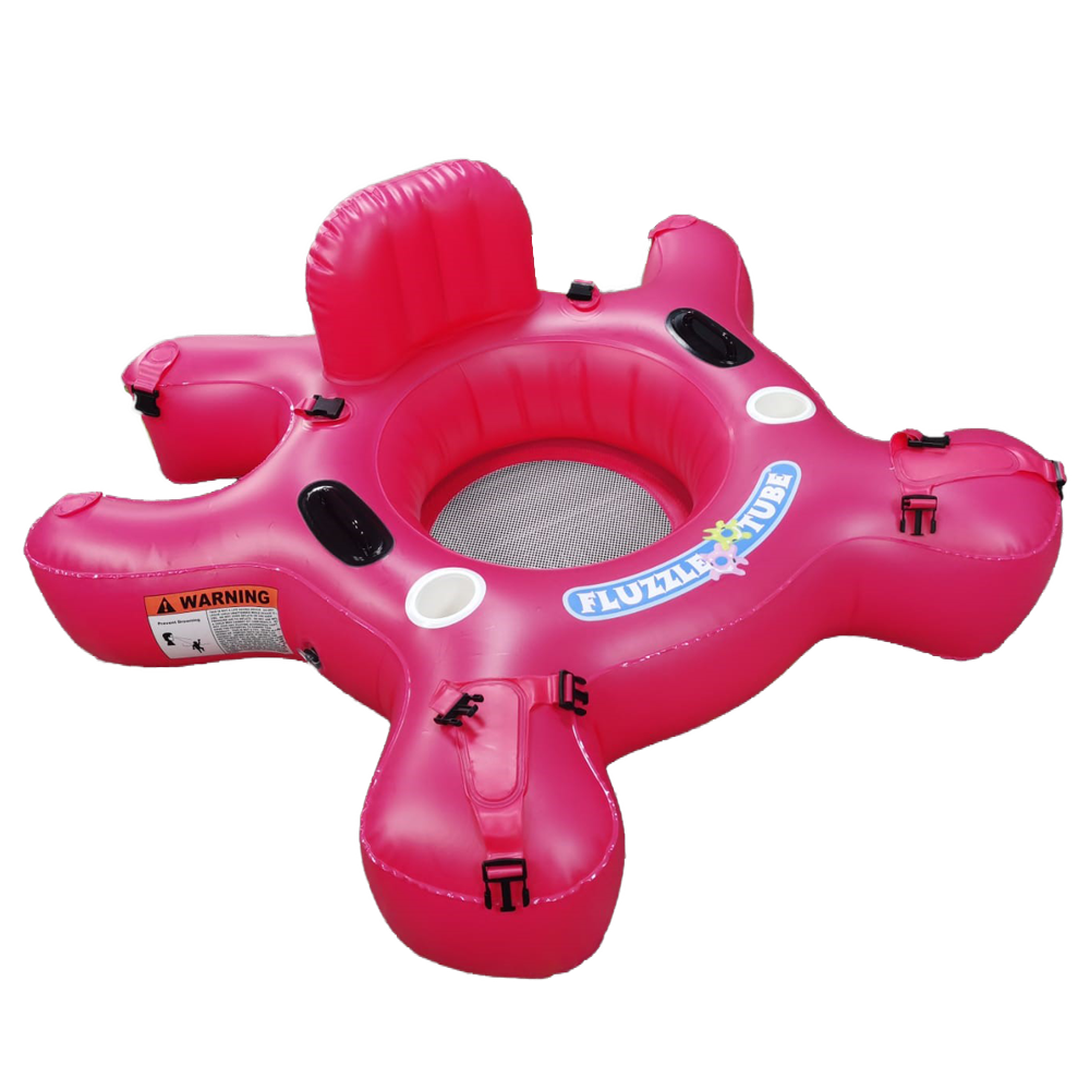Raspberry Fluzzle Tube 4.0 puzzle shaped float tube for lakes, rivers and pools.  Mesh bottom, inflatable back 2 cup holders and vinyl connectors.