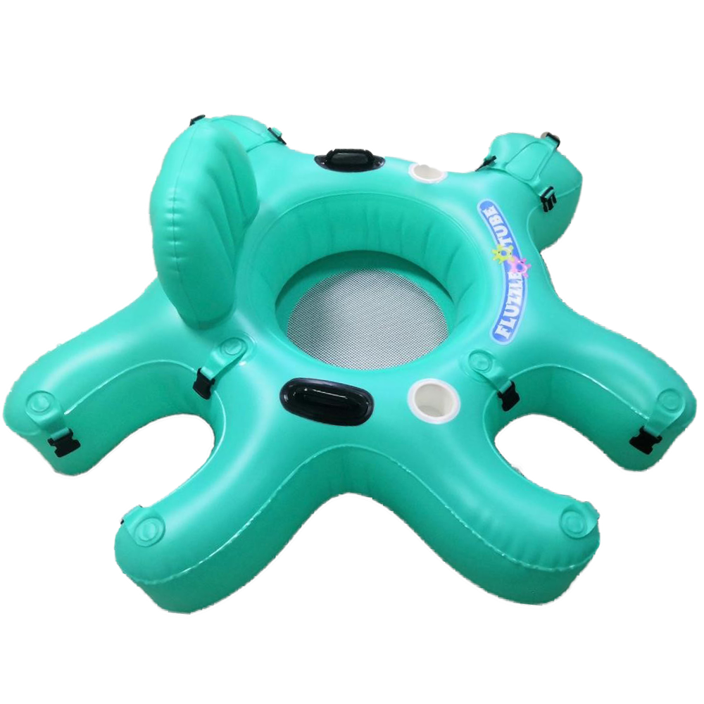 Teal Fluzzle Tube 4.0 puzzle shaped float tube for lakes, rivers and pools.  Mesh bottom, inflatable back 2 cup holders and vinyl connectors.