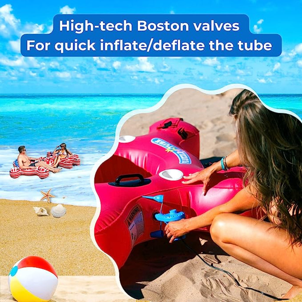 Woman inflating Fluzzle tube with 12V electric air pump at the river, lake or pool.  High tech Boston valves for quick inflate/deflate. 