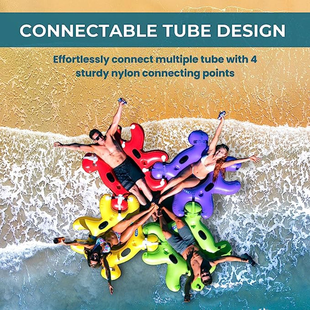 Four people in bathing suite floating in Red, Yellow, Purple and Green connected Fluzzle Tubes puzzle shaped inflatable and interlocking river, lake or pool tube with inflatable back rest, mesh bottom, expandable cup holders, 2 durable handles. 12 nylon connectors. Hands free floating.