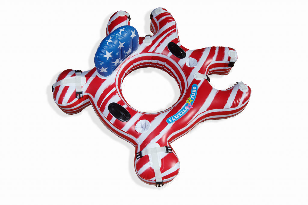 American Flag Open Center Fluzzle Tube puzzle shaped inflatable and interlocking river, lake or pool tube with inflatable back rest, expandable cup holders, 2 durable handles. 12 nylon connectors. 4th of July.  Memorial Day.