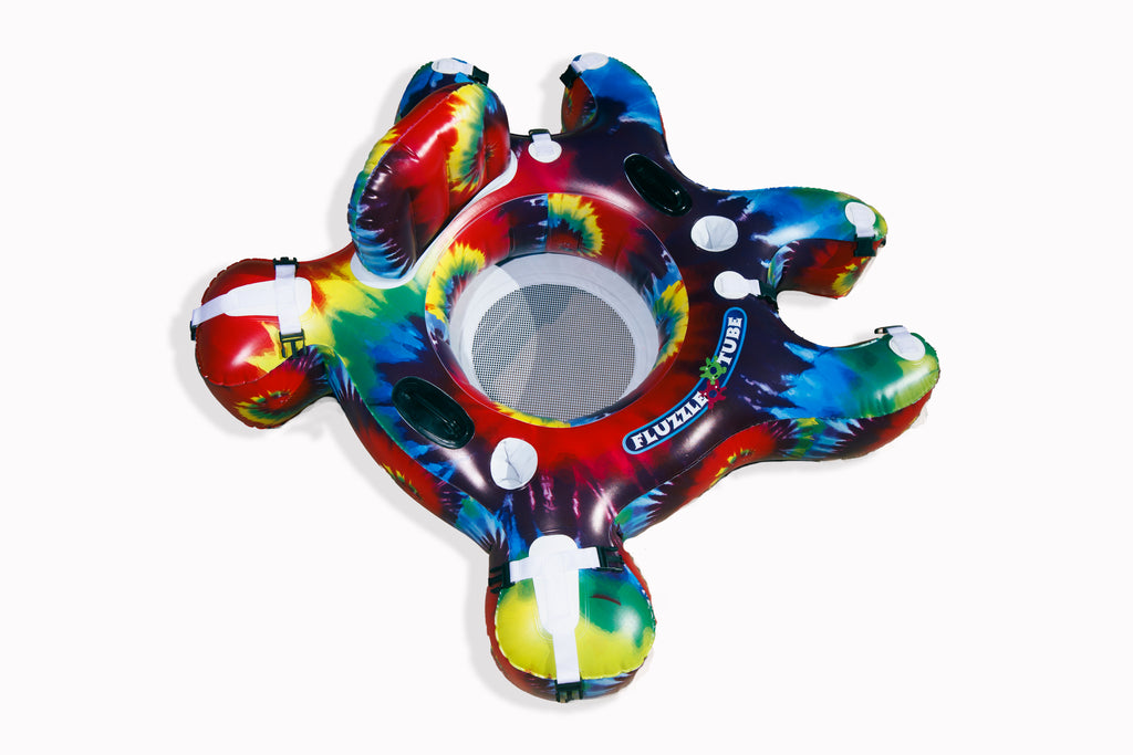 Tie Dye Fluzzle Tube 3.0 puzzle shaped float tube for lakes, rivers and pools.  Mesh bottom, inflatable back rest, expandable cup holders and nylon connectors.