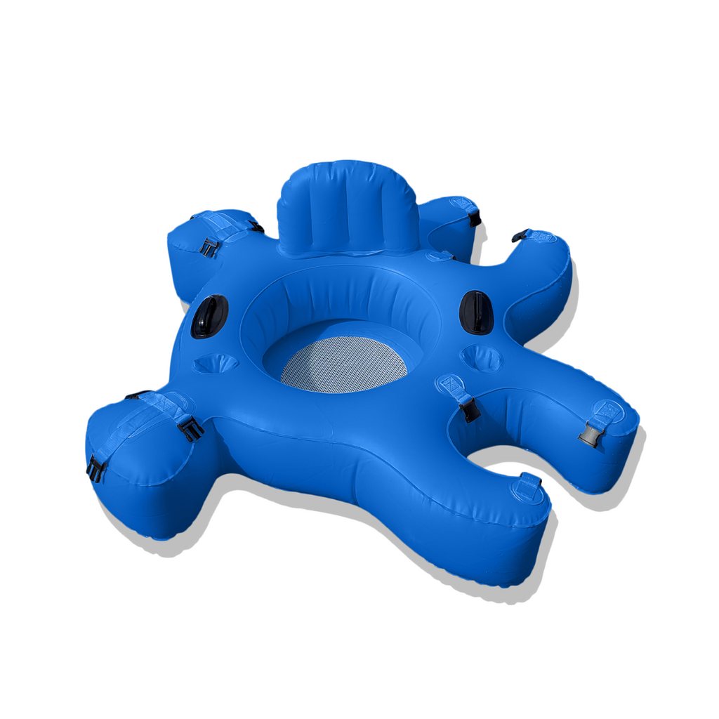 Blue Fluzzle Tubes puzzle shaped inflatable and interlocking river, lake or pool tube with inflatable back rest, mesh bottom, expandable cup holders, 2 durable handles. 12 nylon connectors.