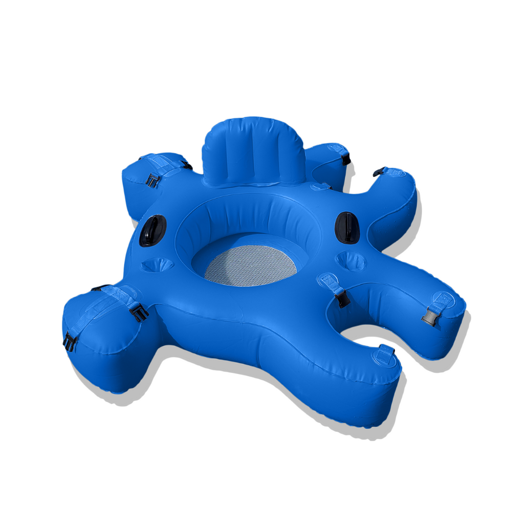 Blue Fluzzle Tube puzzle shaped inflatable and interlocking river, lake or pool tube with inflatable back rest, mesh bottom, expandable cup holders, 2 durable handles. 12 nylon connectors.  