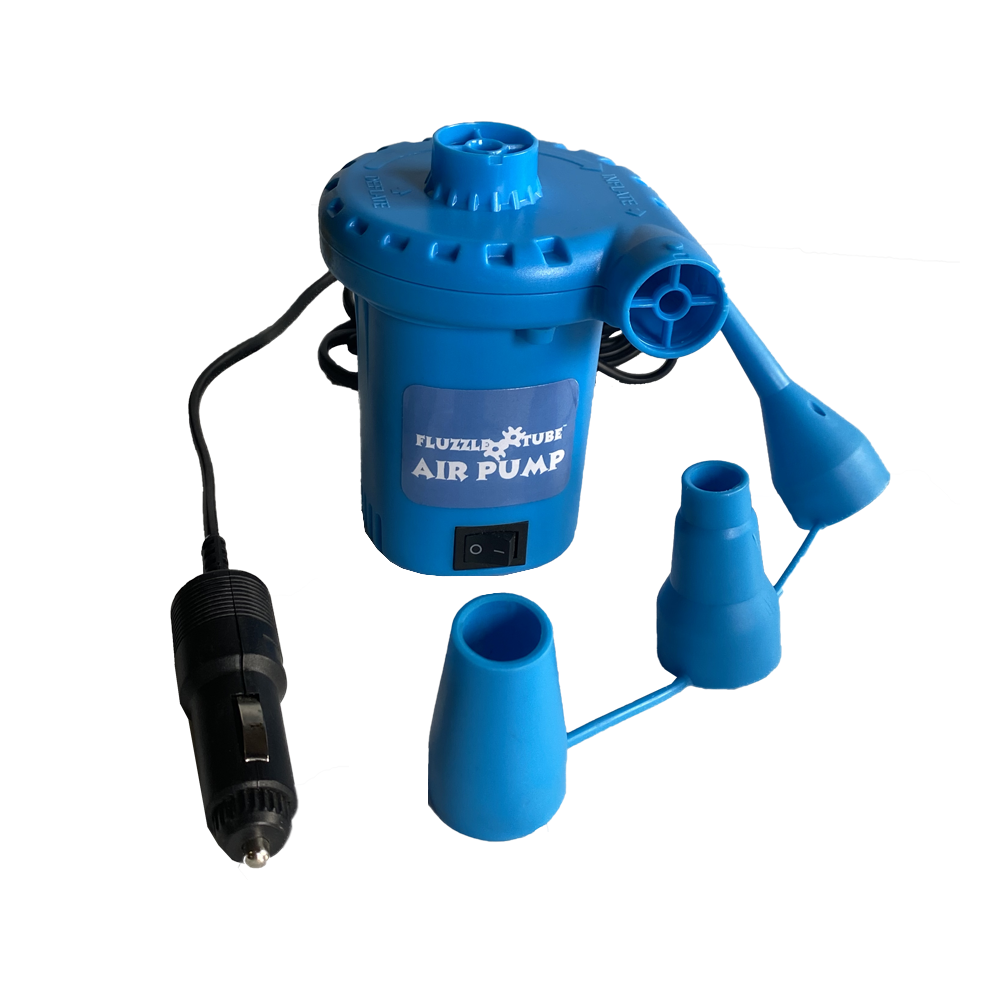 Blue Fluzzle Tube 12V electric air pump for river, lake or pool inflatable tubes.   3 nozzles for various tube valves. Plug into your car or boat. 