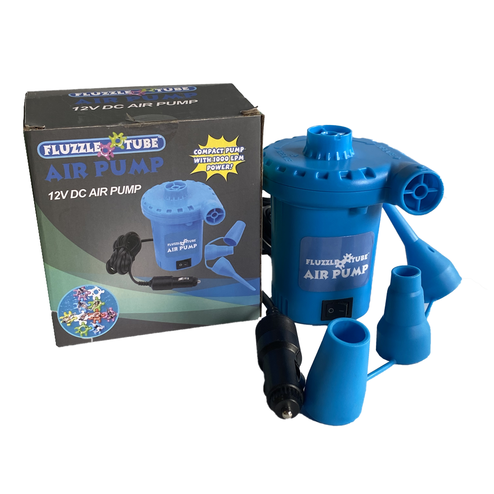 Fluzzle Tube 12V Electric air pump.  1000 LPM power.  Quick inflate and deflate so you can get on and off the water faster.  Blue air pump.  Interlocking tubes. 
