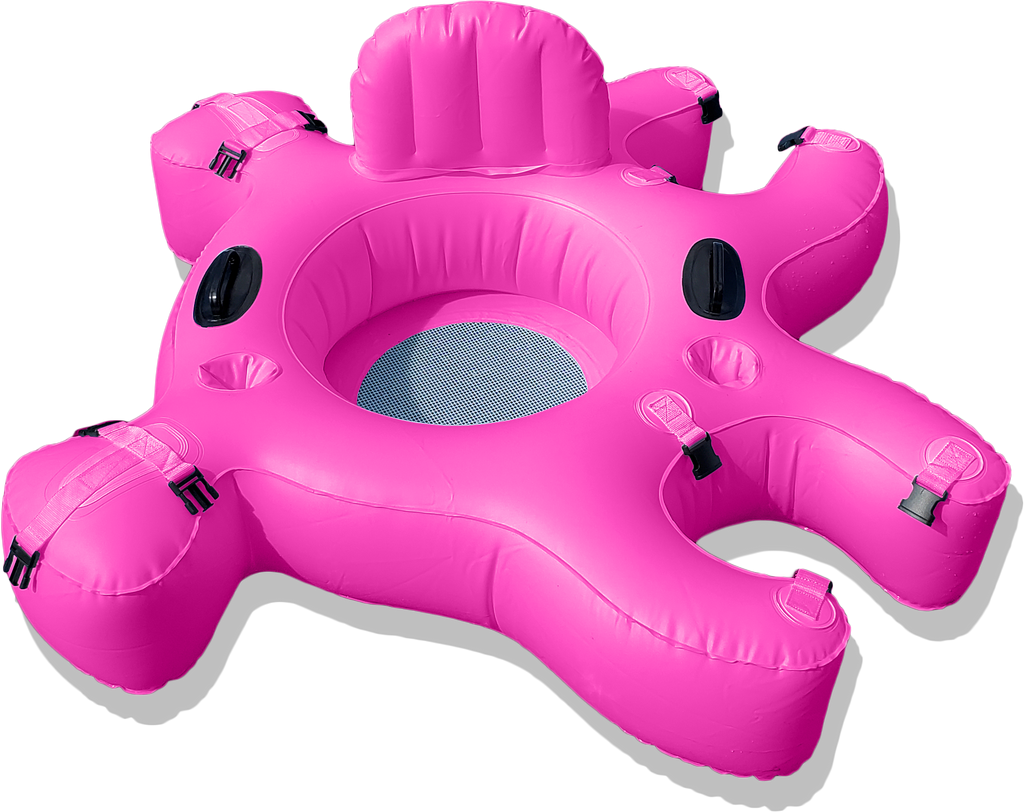 Pink Fluzzle Tubes puzzle shaped inflatable and interlocking river, lake or pool tube with inflatable back rest, mesh bottom, expandable cup holders, 2 durable handles. 12 nylon connectors.