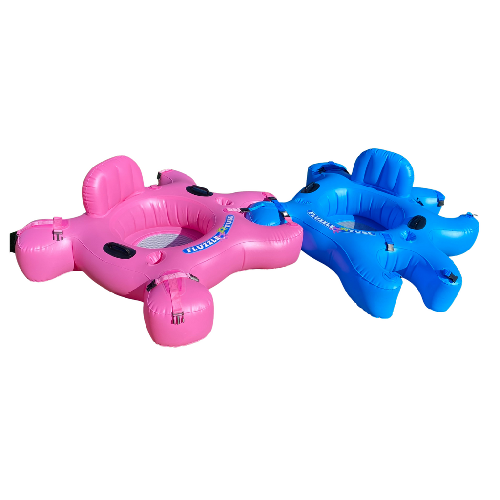 Pink and Blue Fluzzle Tubes- puzzle shaped inflatable and interlocking river, lake or pool tube with inflatable back rest, mesh bottom, expandable cup holders, 2 durable handles. . 12 nylon connectors