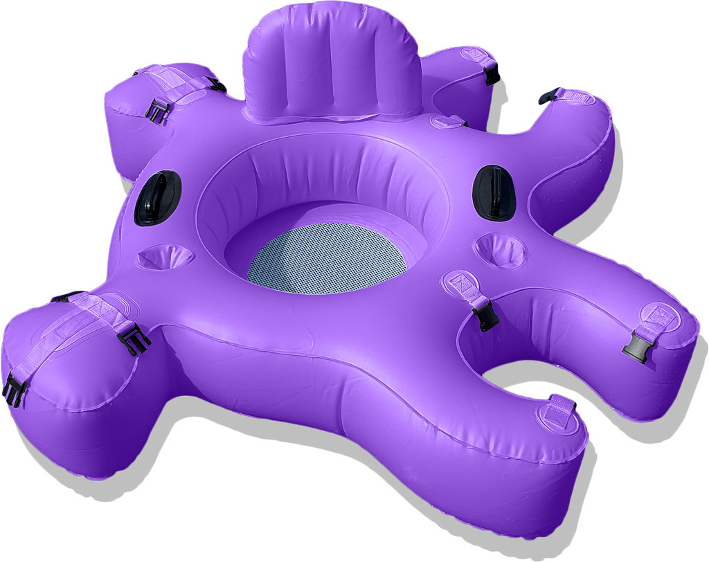 Purple Fluzzle Tube puzzle shaped inflatable and interlocking river, lake or pool tube with inflatable back rest, mesh bottom, expandable cup holders, 2 durable handles. 12 nylon connectors.
