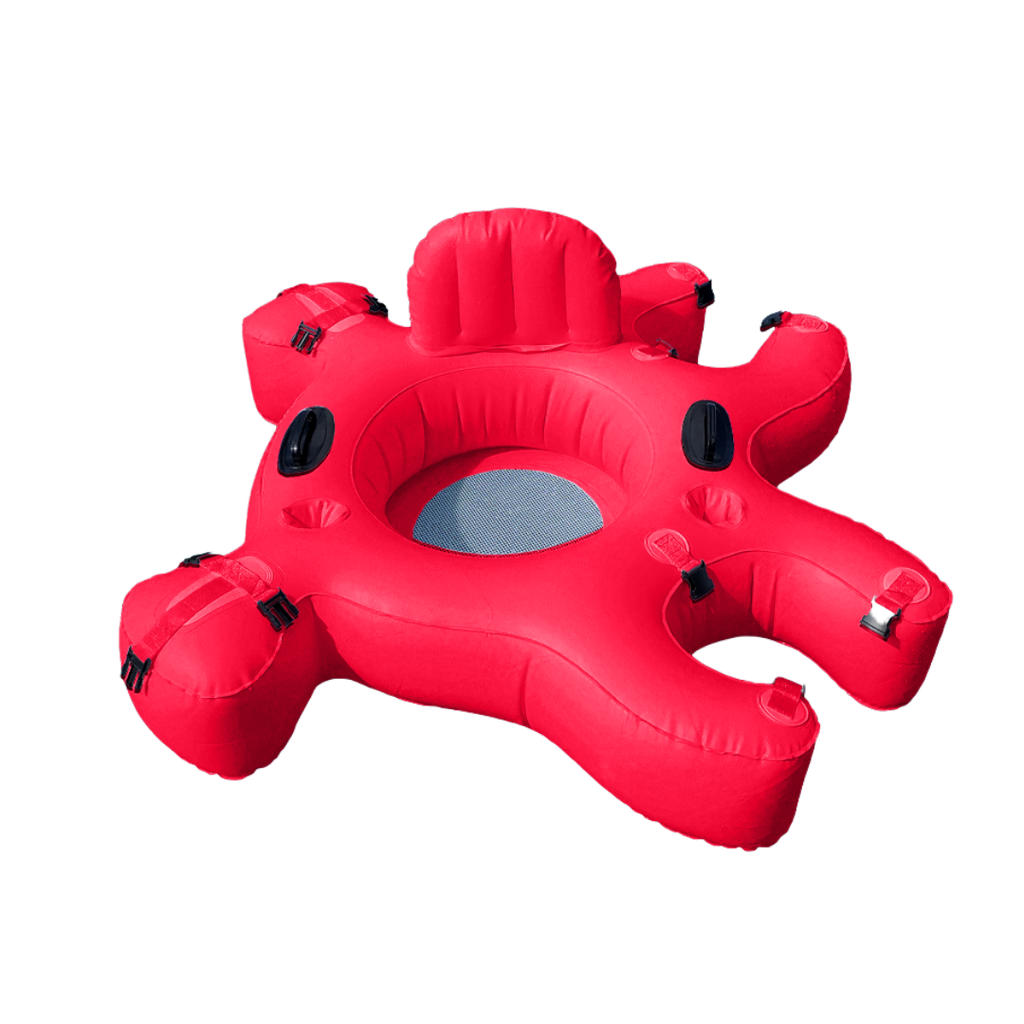 Red Fluzzle Tubes puzzle shaped inflatable and interlocking river, lake or pool tube with inflatable back rest, mesh bottom, expandable cup holders, 2 durable handles. 12 nylon connectors.