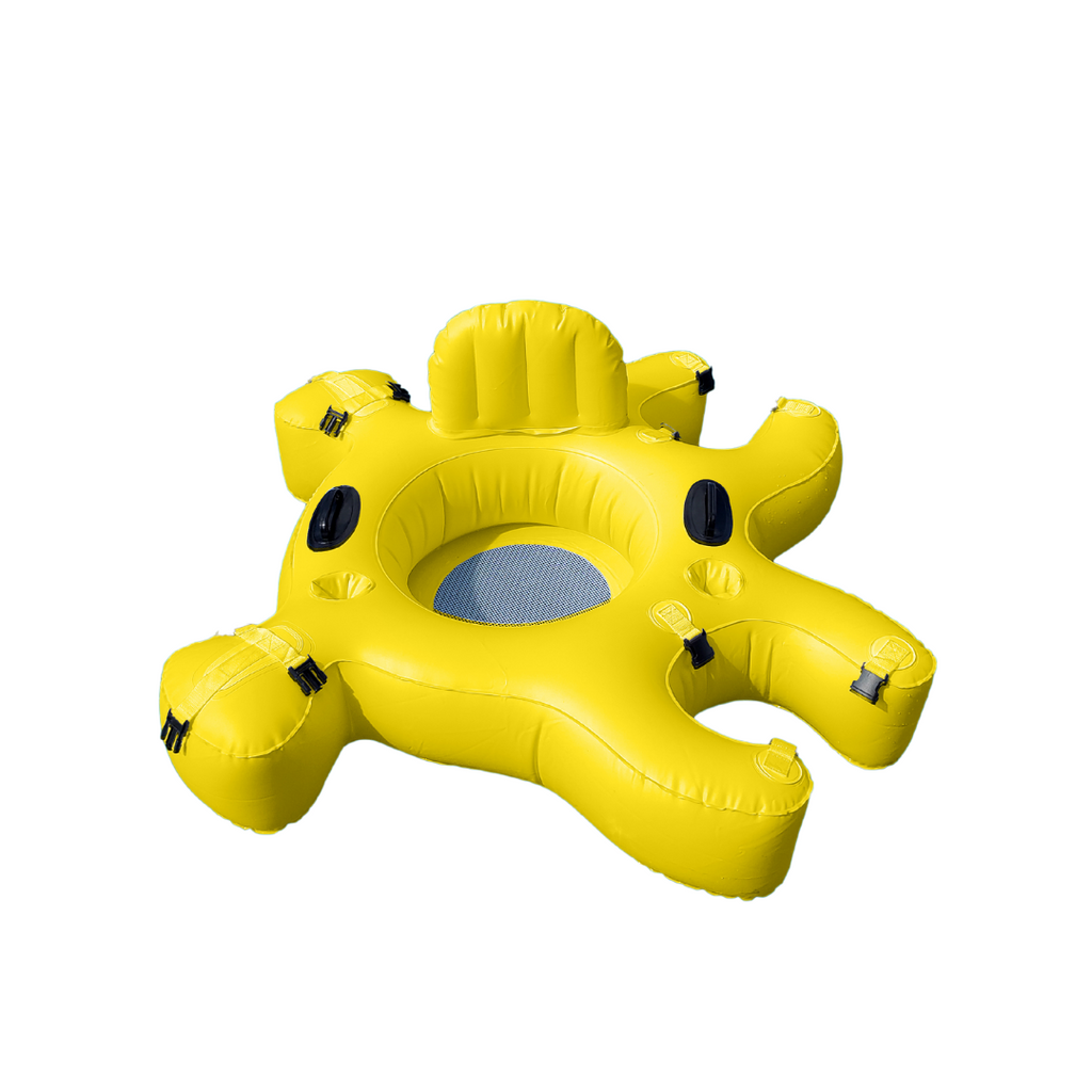 Yellow Fluzzle Tubes puzzle shaped inflatable and interlocking river, lake or pool tube with inflatable back rest, mesh bottom, expandable cup holders, 2 durable handles. 12 nylon connectors.