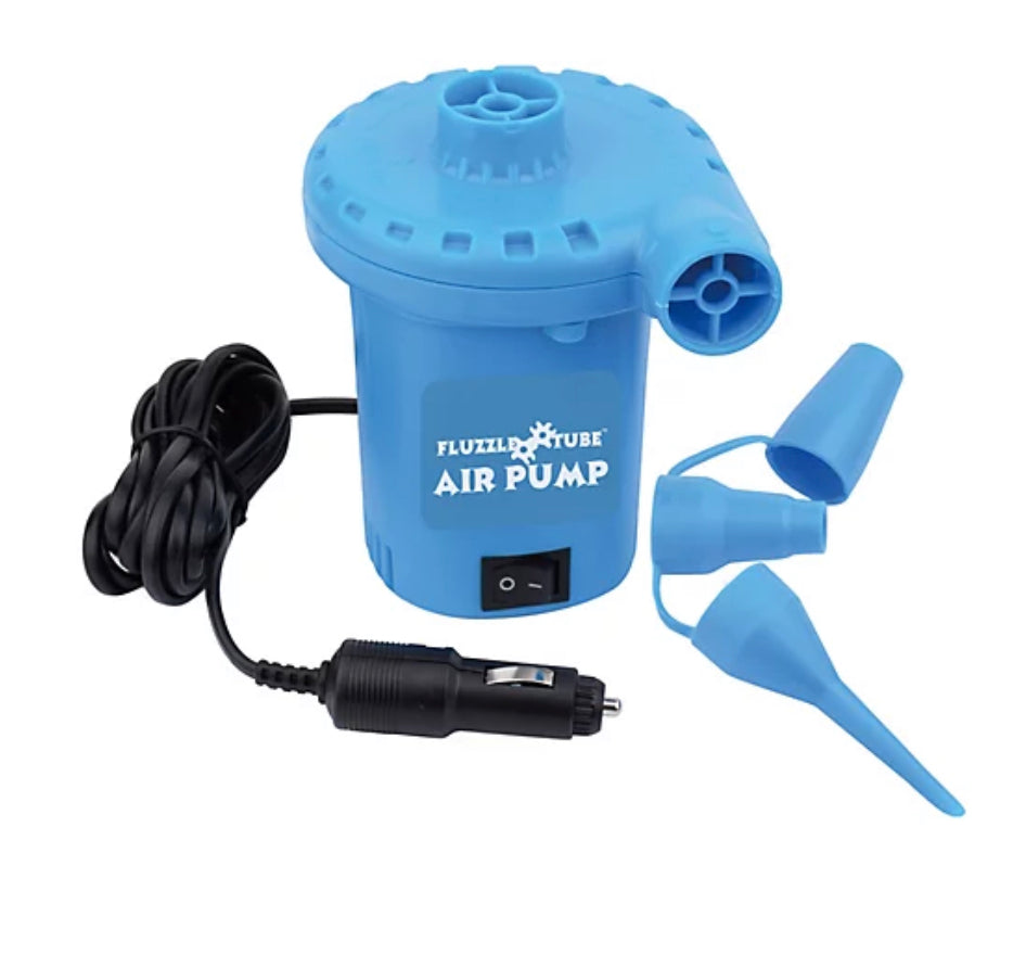 Blue 12V electric Fluzzle Tube air pump for quick inflate/deflate of inflatable float tubes for river, lake and pools. 