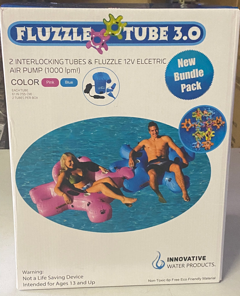 Man and woman in bathing suits floating in Fluzzle Tube 3.0 bundle value pack with 2 OG inflatable float tubes and 12V electric air pump.  Mesh bottom and inflatable back rest.  Hard cup holders and vinyl connectors.  Pink and Blue Fluzzle Tubes.